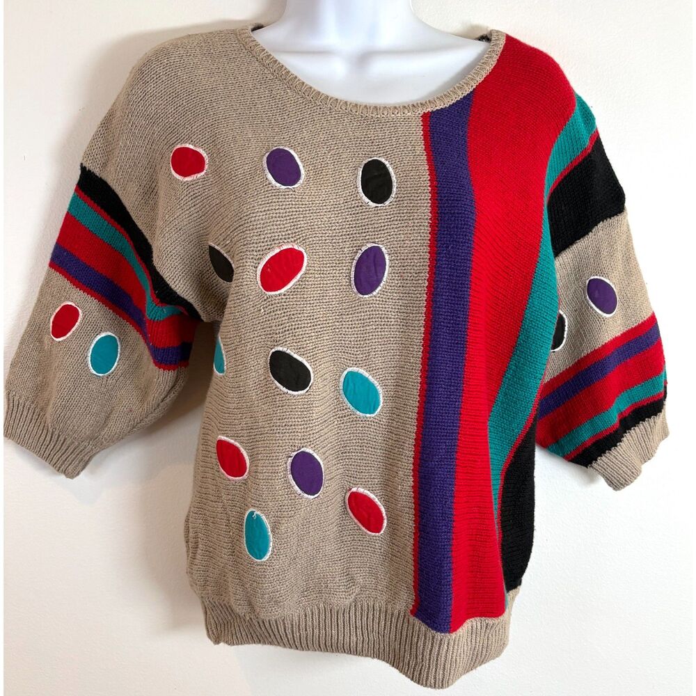 VTG 80s Maori Bee Cropped Sweater Womens Red Tan Polka Dot Dolman 3/4 Sleeve